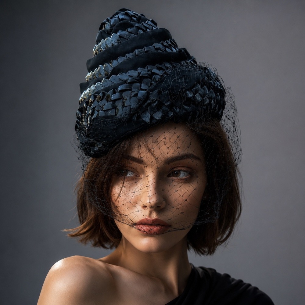 Vintage 50s Black Beehive Turban Hat Birdcage Woven Tiered Mid Century Modern